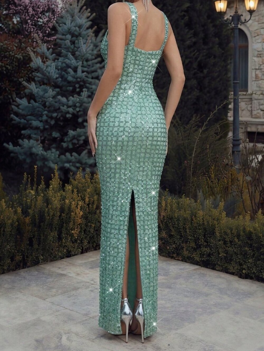 Mint Green Elegant Women's Sequin Straps Slim Fit Long Gown - Picture 2 of 7
